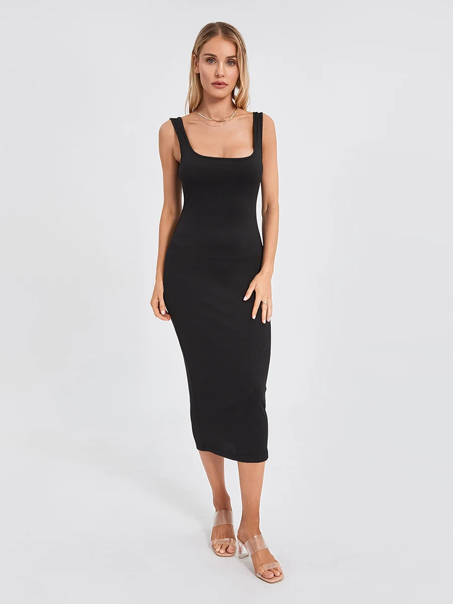 

Women's Knit Midi Dress Summer Autumn Casual Sleeveless Square Neck Solid Color Ribbed Tank Dress Bodycon Party Dresses Daily