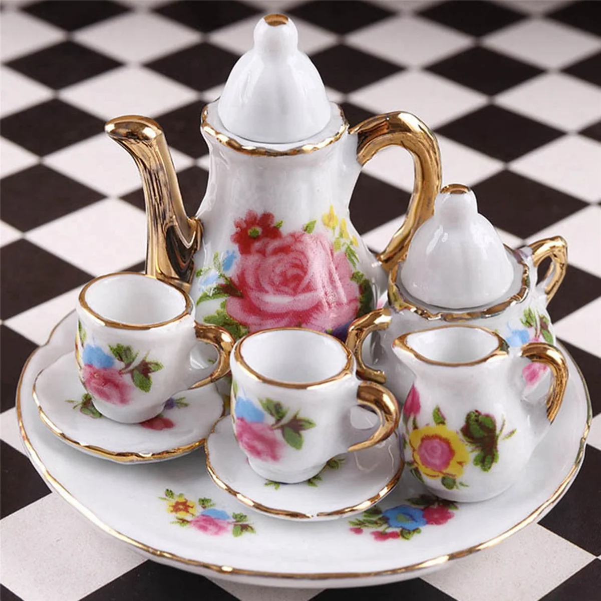 BAAU 2X 1:12 Miniature Porcelain Tea Cup Set Ceramic Tableware Teapot Kitchen Accessories Doll House Decor
