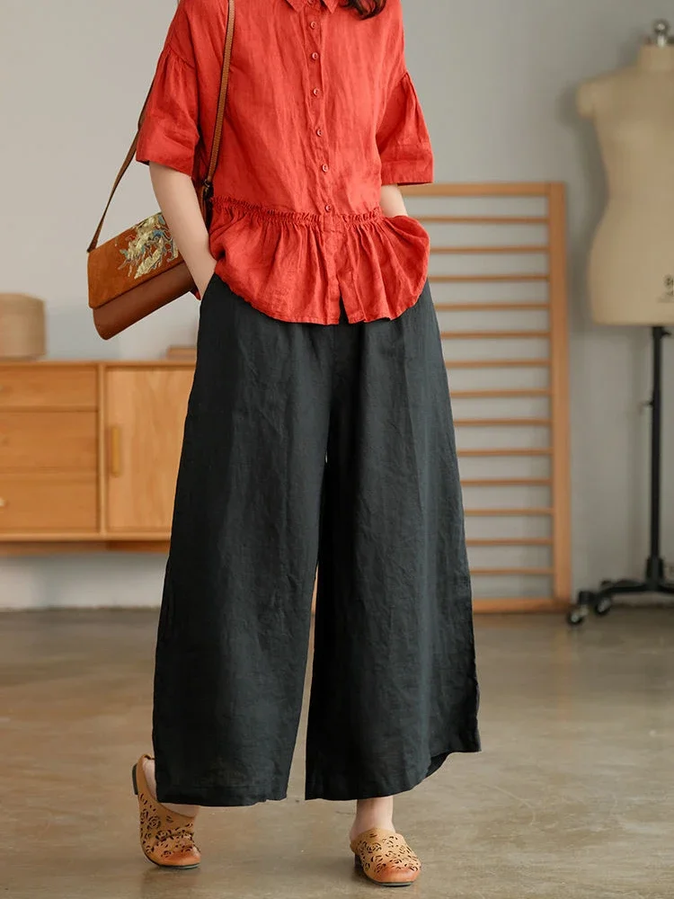 Capri Pants For Women Amazon Summer Trousers For Women UK Summer Comfy Cotton Linen Cropped Stretch Trousers Wide Leg Lounge Pants With Pockets Loose Fit High Elasticated Waisted Black Capris For Women
