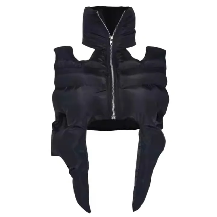 FashionWomenCottonpaddedCoatStandCollarHollowOutZipBlack