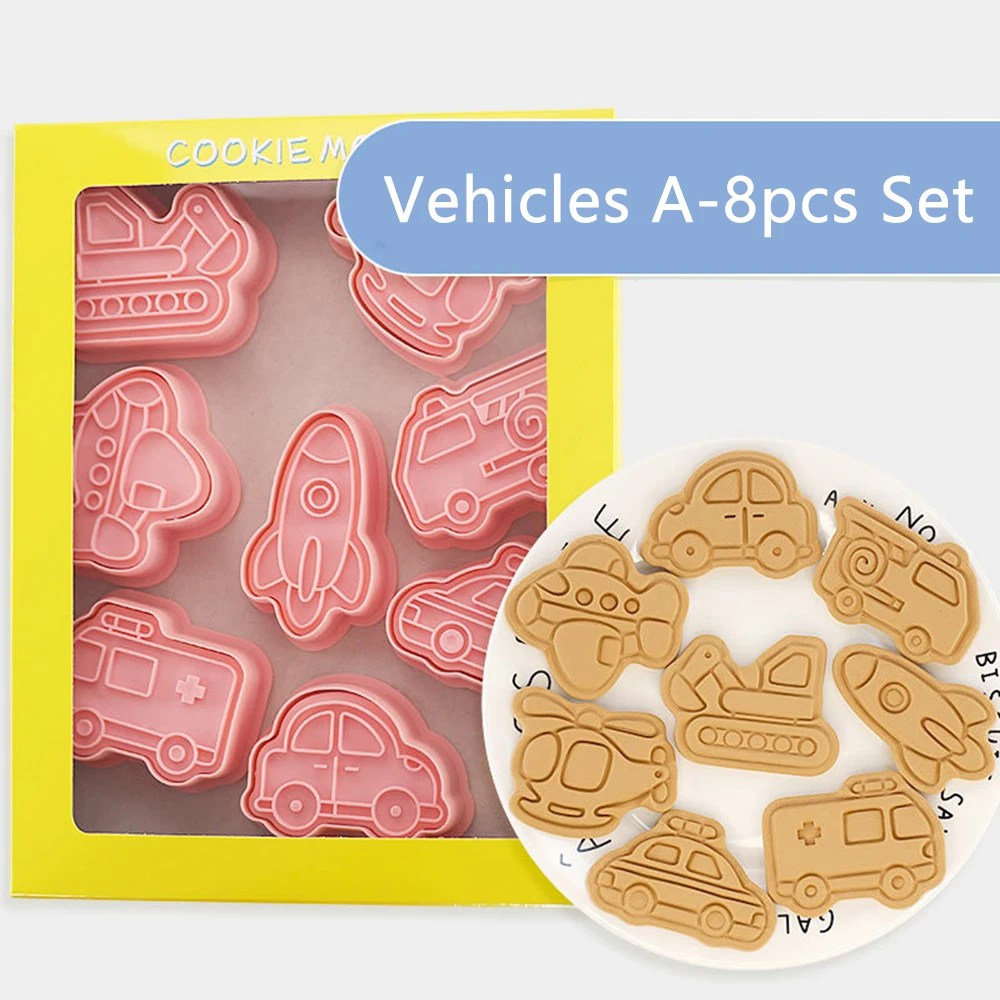 8Pcs Cars Plane Cookie Cutters 3D Vehicle Cookie Molds Plastic Biscuit Embosser Stamp Boy Diy Kitchen Baking Accessories Tools cookie cutter baking mold cookie mould