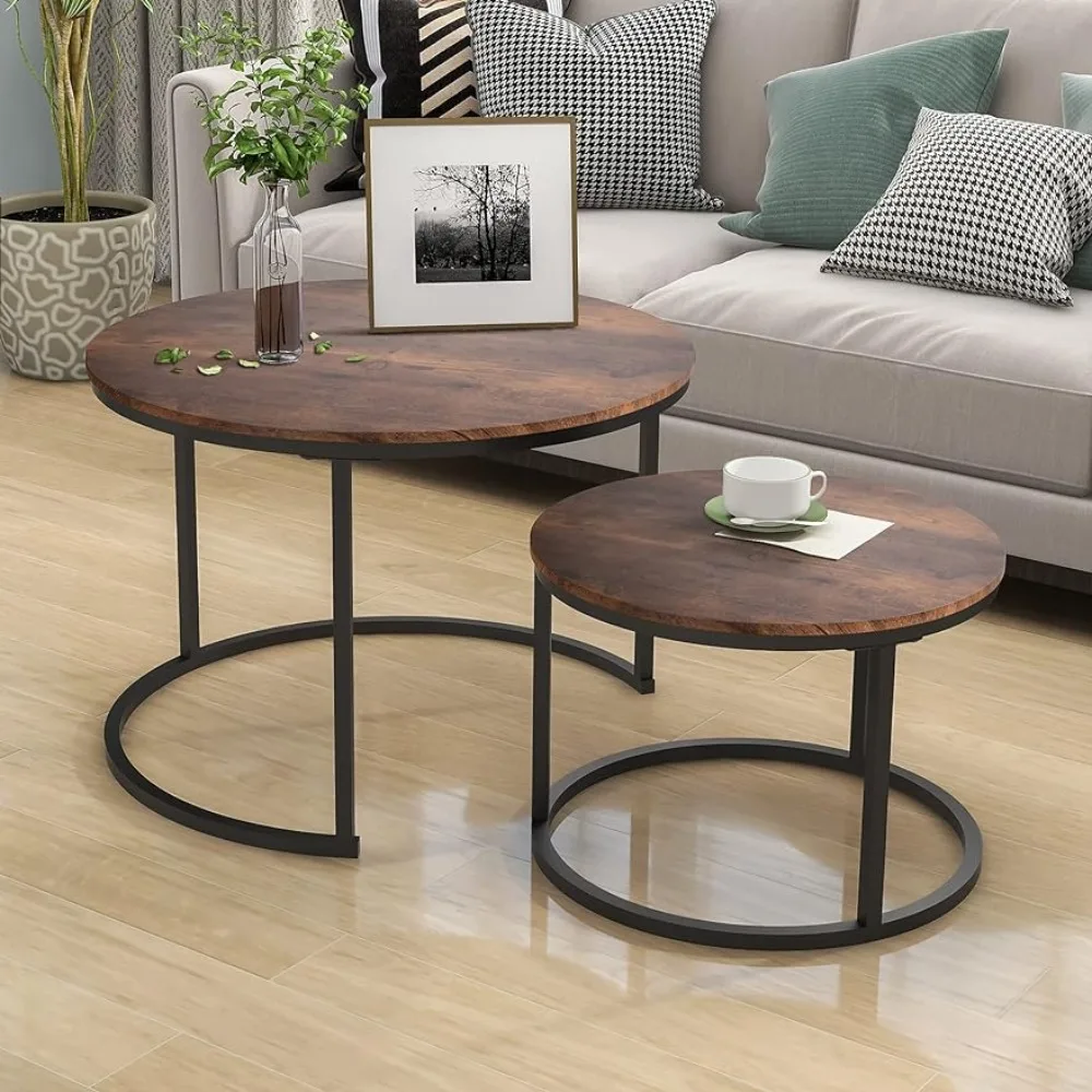 Description Picture 2 of itemHOJINLINERO Industrial Round Coffee Table Set of 2 End Table for Living Room,Stacking Side Tables, Sturdy and Easy Assembly,Wood