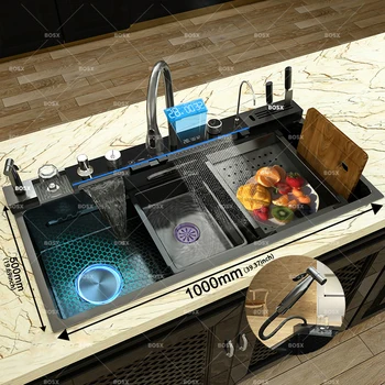 อ่างล้างจานสแตนเลสแบบน้ำตก อ่างล้างจานขนาดใหญ่พิเศษแบบช่องเดียว พร้อมชุดก๊อกน้ำแบบดิจิตอลสำหรับห้องครัว 2