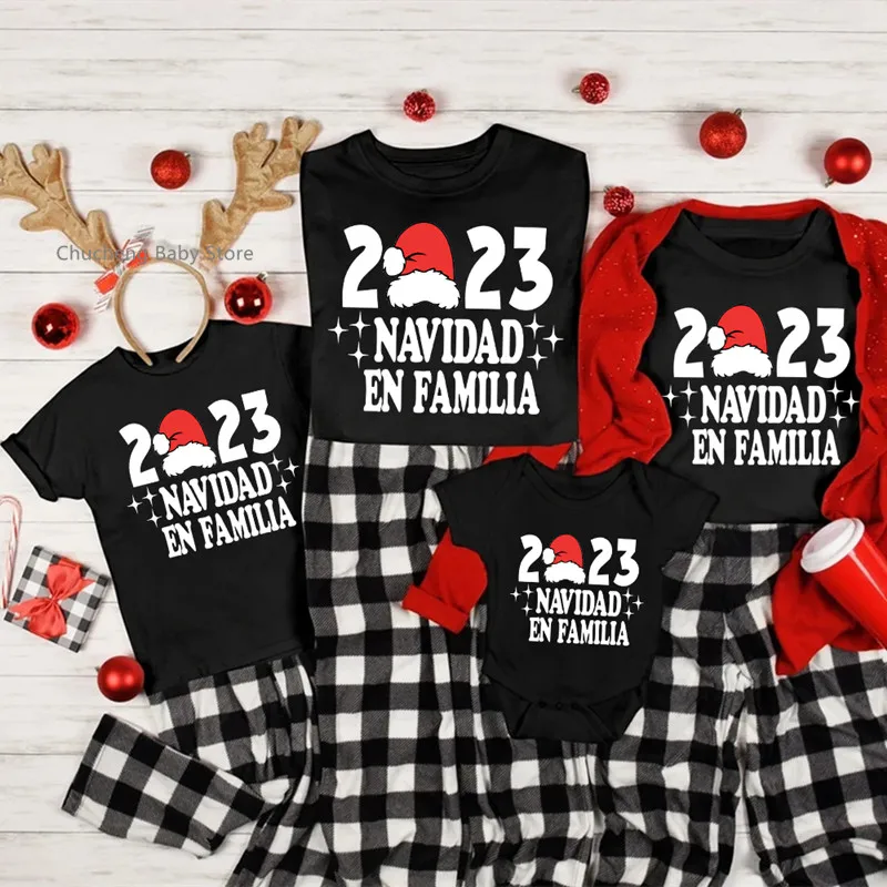 

New 2023 Navidad en Familia Shirts Matching Cotton Dad Mom Kids Tshirt Baby Romper Funny Family Look Christmas Party Outfits