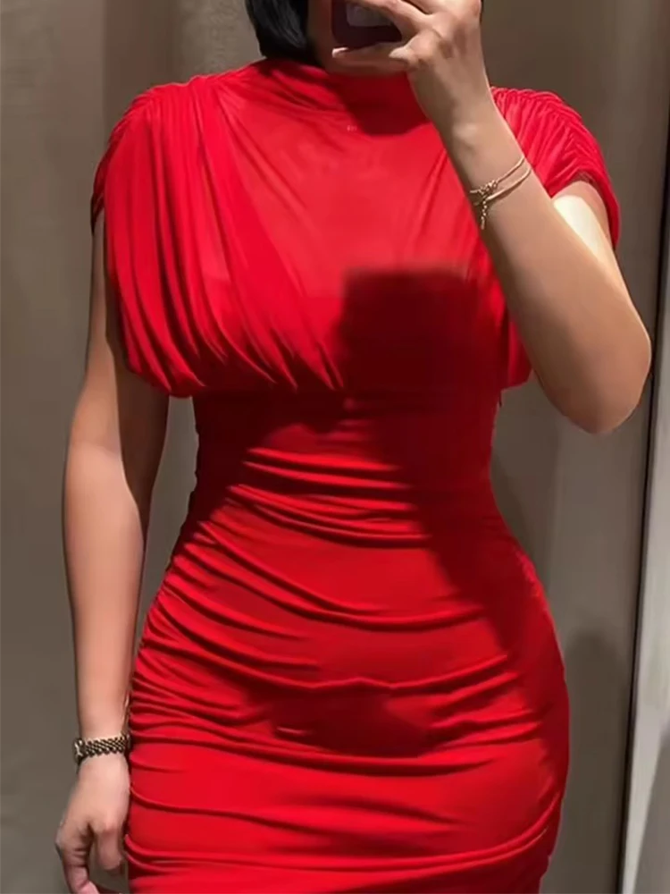 Women's Dress 2025 New Red Sleeveless Mesh Patchwork Pleated Decorative Slim Fit Mini Dresses Elegant and Fashionable Dress