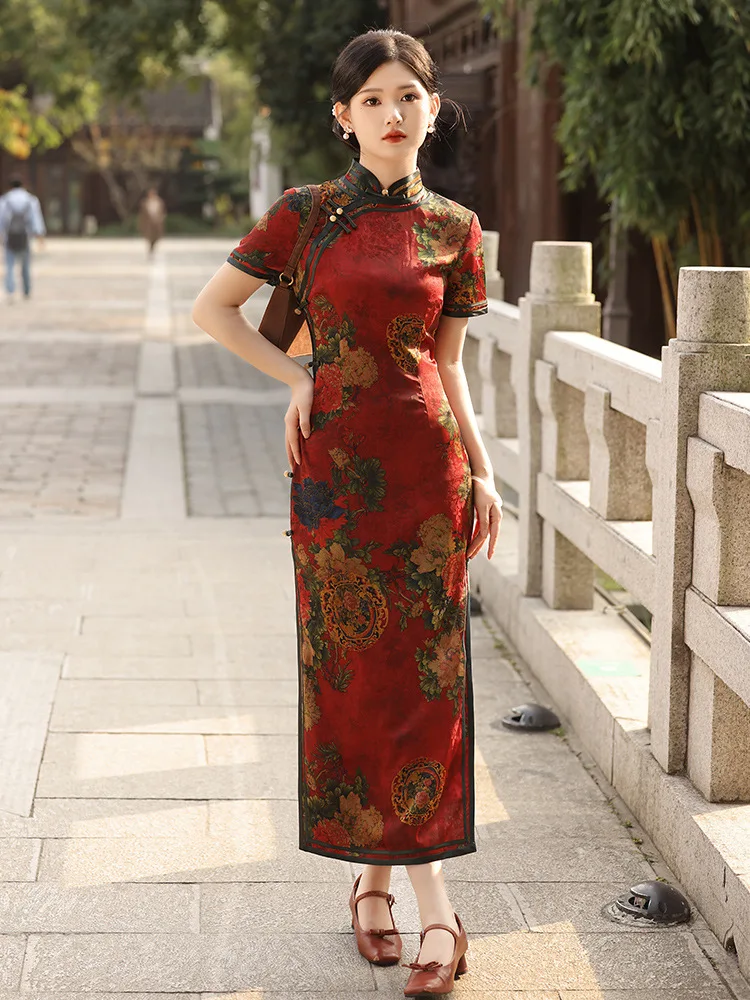 

Summer Vintage Qipao Women Flower Sexy Party Dress Chinese Traditional Cheongsam Vestidos Classic Mandarin Collar Evening Gown