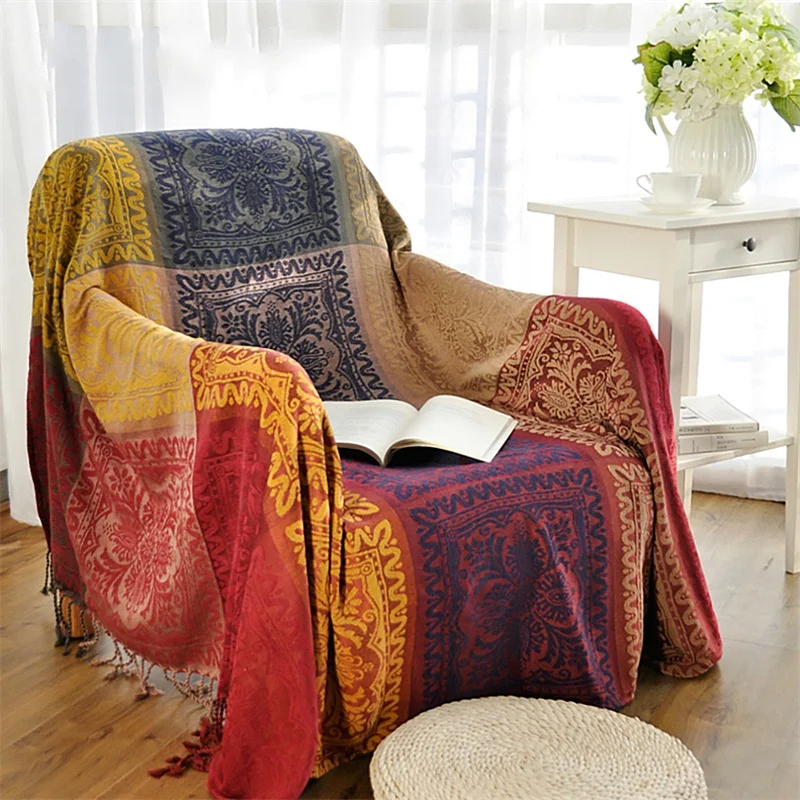 

59 x 75 Inch Chenille Blankets Extra Soft Cozy Sofa Blanket with Decoration Tassel Fringe Machine Washable Ethnic Style Knitted