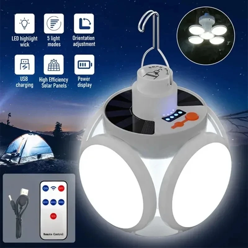 Solar Lantern Outdoor Folding Light Portable USB Rechargeable LED Bulb Search Lights Camping Torch Emergency Lamp for Power Outages