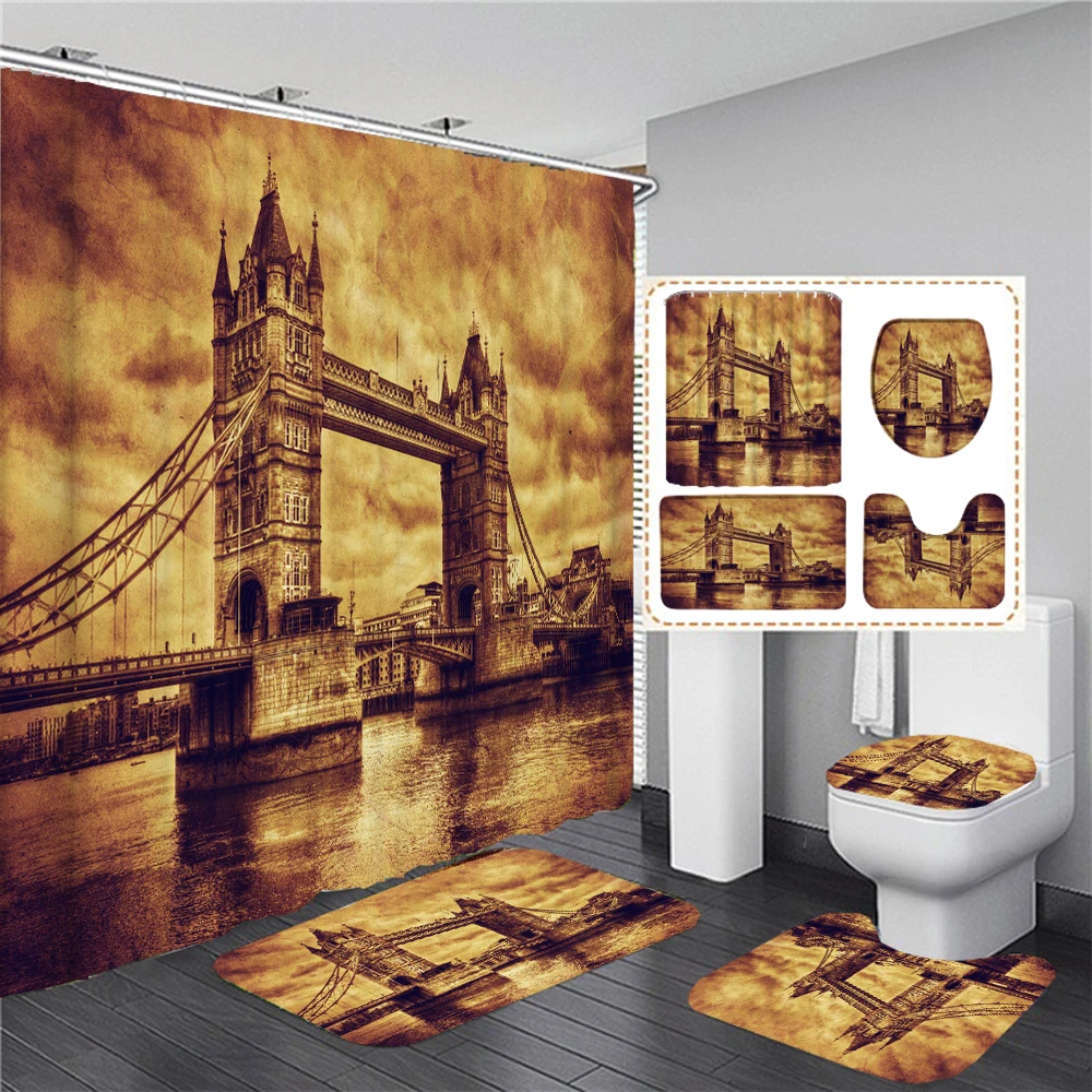 

180*180cm Retro Nostalgia Tower London Tower Bridge Fabric Shower Curtains Bathroom Curtain Set Bath Mats Rugs Home Decoration