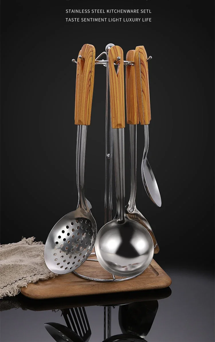Kochgeschirr aus Edelstahl, antihaftbeschichtet, Gebäckspatel, Holzgriff, Suppenkelle, Reislöffel, Hot Pot, Sieb, Küchen-Kochutensilien