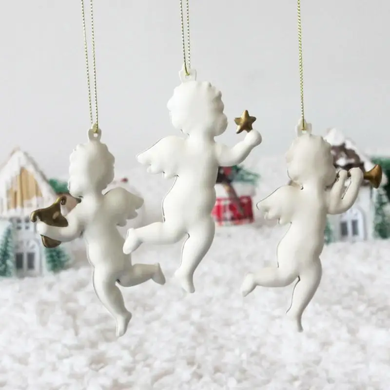 Christmas Iron art Angel Ornament Xmas Tree Hanging Pendant Decor Exquisite White Angel crafts New Year Party Christmas Gifts