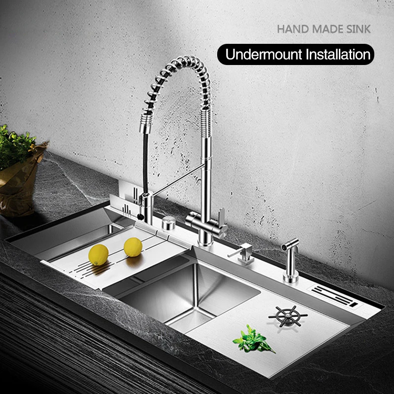 ASRAS New Large Size Double Kitchen Sink Cup Rinser Sink 4mm Thickness 220mm Depth With Drain Plate Knife Holder Handmade Sinks