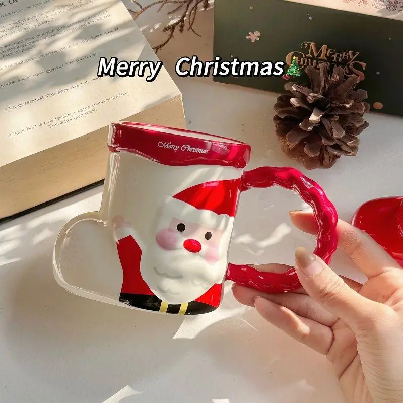 

350 мл Рождественская керамическая кружка с подарочной коробкой, большая емкость, кружка для питья с крышкой, ложкой, посуда для напитков, кружка для кофе, Рождественское украшение V