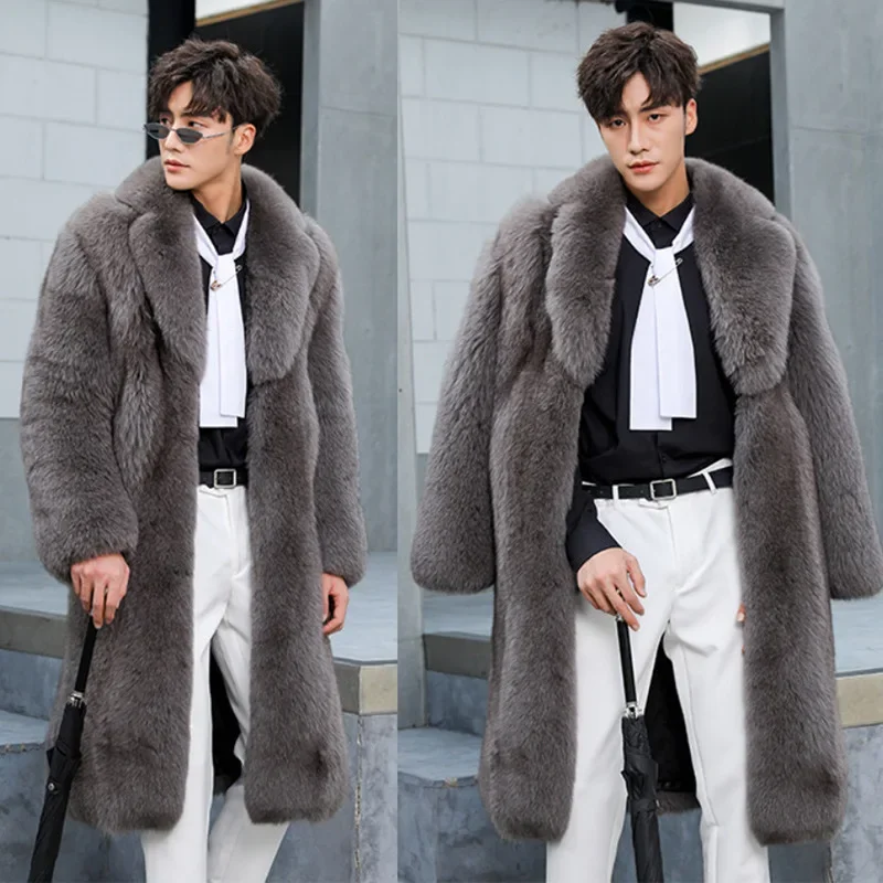 남성용 여우 모피 가죽 재킷, 긴 오버코트, 양 모피, 따뜻한 캐주얼 스타일 코트, 아우터, 가을, 겨울, 신상