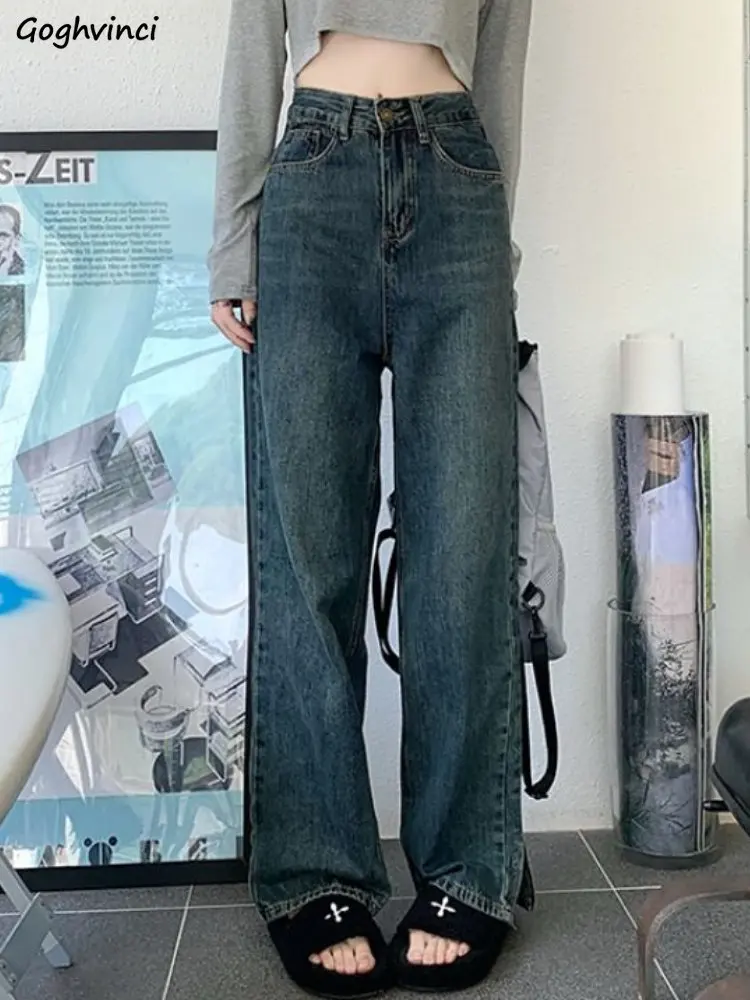 

Side Slit Jeans Women Vintage Irregular Loose Streetwear Ripped Straight Aesthetic Spring Cool Casaul All-match Unisex Ulzzang