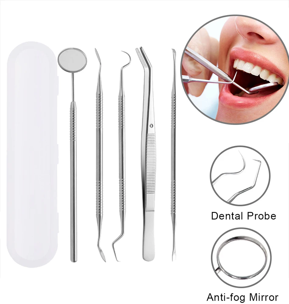 

5Pcs Dental Tools Kits with Case Dental Probe Dentist Scaler Mirror Plier Tooth Scraper Oral Hygiene Care Clean