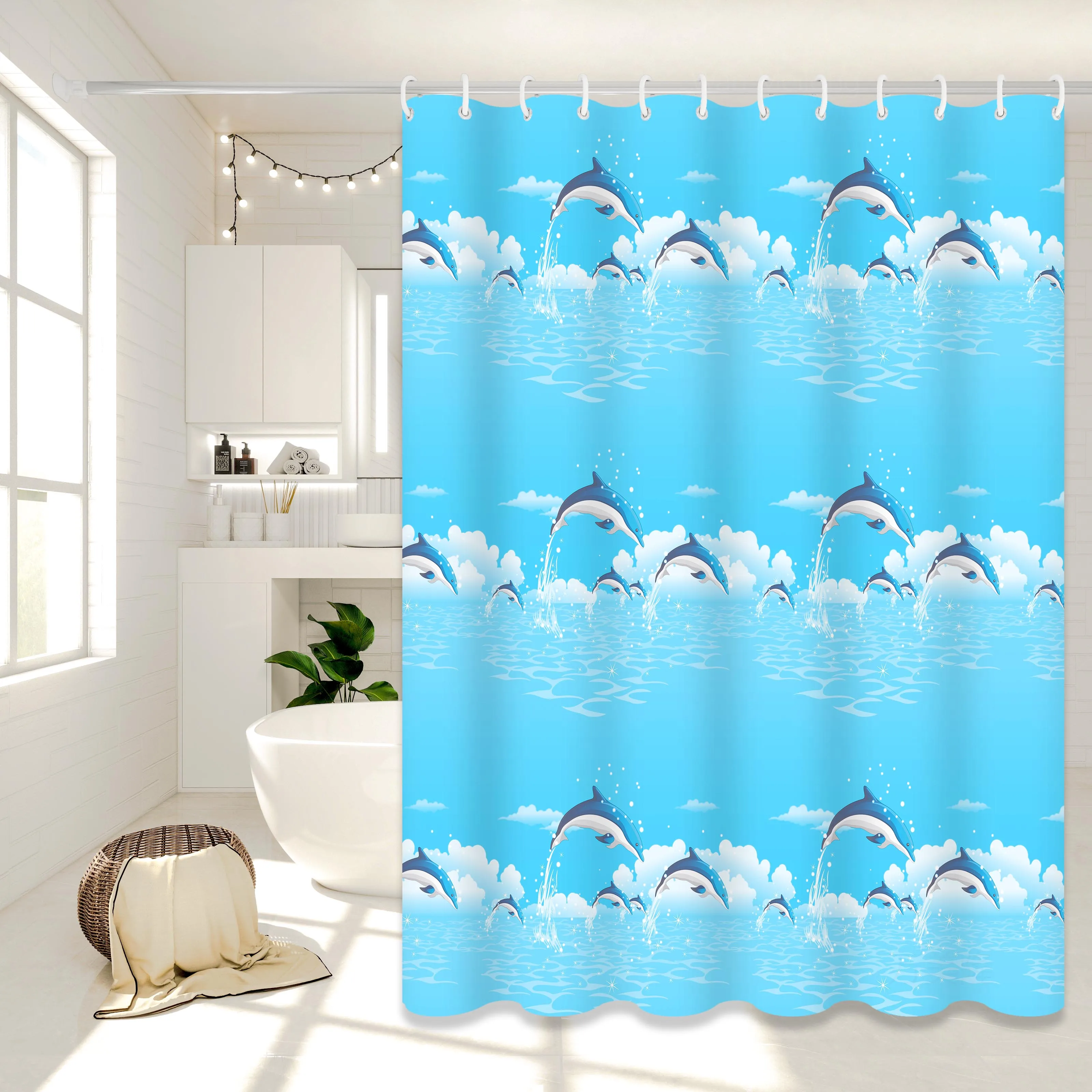Ocean-Themed Dolphin Print Cartoon Shower Curtain for Parent-Child Bathroom