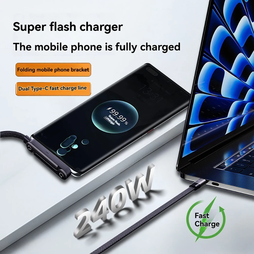 240W 2 in 1 Fast Charging Cable With Integrated Stand Flat USB C Cable Right Angle Charger Cord Foldable Cord For iPhone Samsun 4