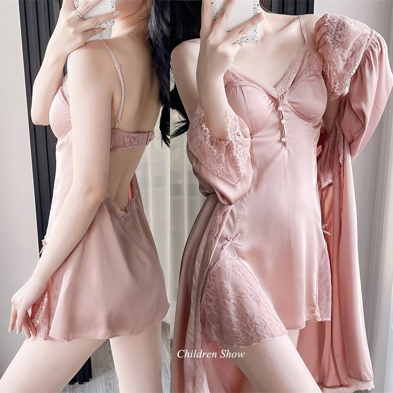 

Халат женский атласный с жемчужной пряжкой, пикантная кружевная ночная рубашка на бретелях-спагетти с открытой спиной, комплект из двух предметов, кружевная Пижама