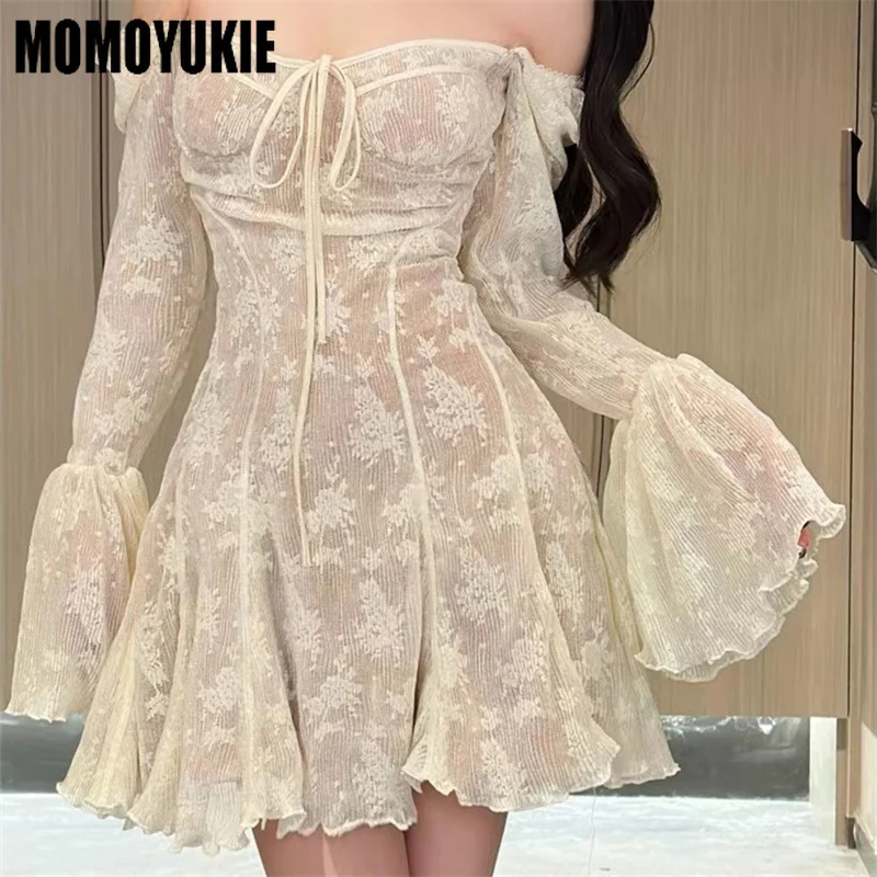 Women Lace Dress 2024 Spring Autumn French Style New Elegant Square Collar Long Sleeve Reduce The Waist Slip Dresses Sexy Skirt 3