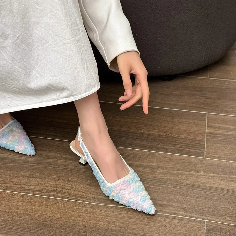Women Bling Sandals Pointed Toe Shallow Slip On Slingback Med Heel Pumps