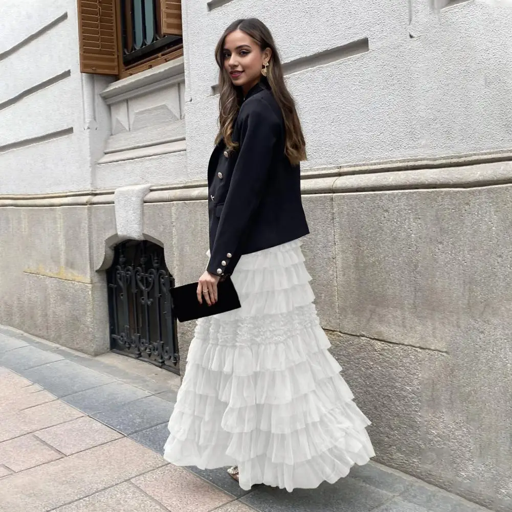 

Layered Hem Cake Skirt Elegant British Style Maxi Skirt with Elastic High Waist Mesh Layered Hem Women's A-line Long Puffy Skirt