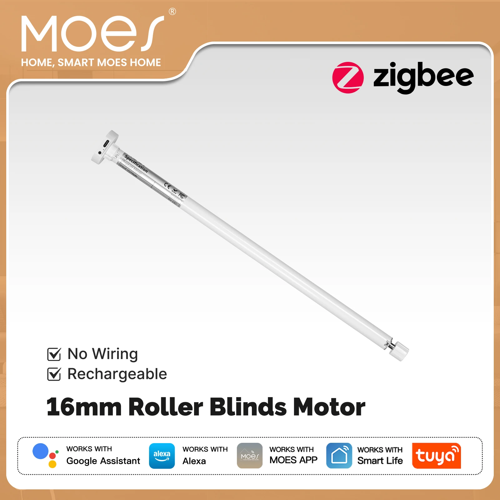 MOES Tuya ZigBee 스마트 롤러 블라인드 모터 16mm 충전식 쉐이드 드라이버(17/25/28mm 튜브용)는 Alexa 및 Google Home과 호환됩니다.