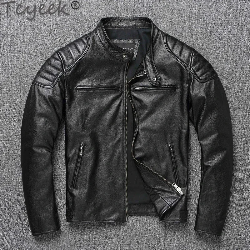 

Genuine Tcyeek Men Cowhide Leather Jacket Male Casual Slim Motorcycle Stand Collar Chaquetas Hombre Large Size