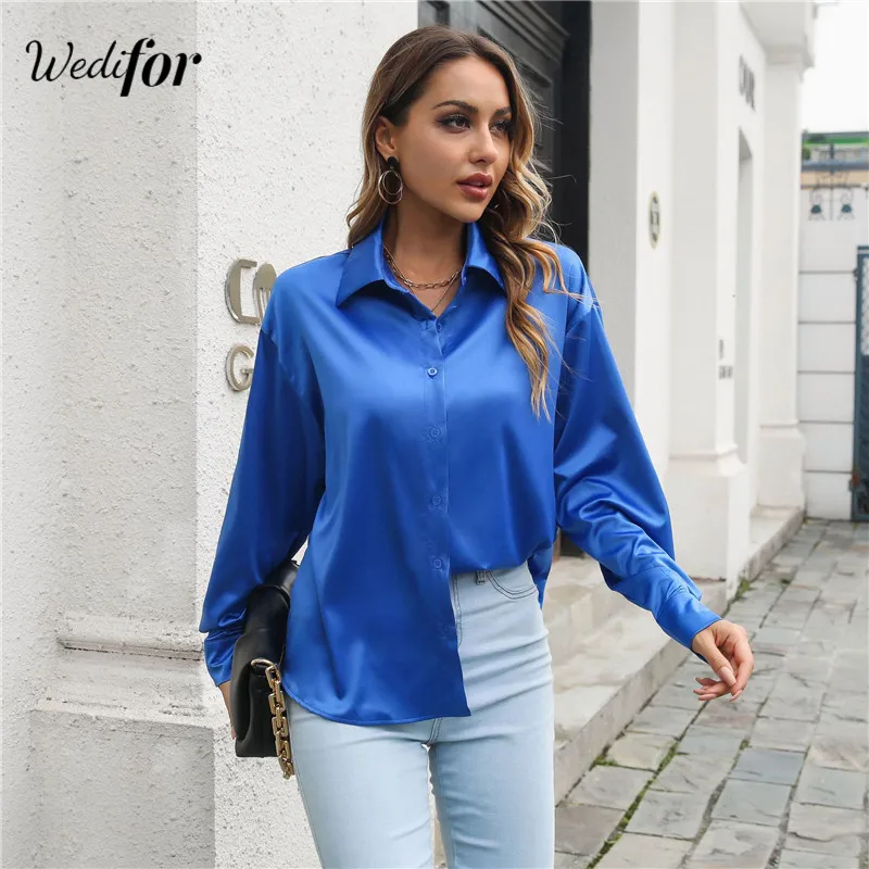 

Wedifor Satin Women Shirt Elegant Button Up Lapel Loose Office Ladies Blouse Top New Fashion Autumn Long Sleeve Casual Cropped