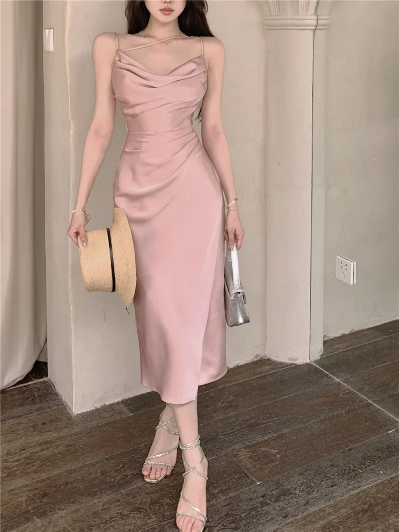 Sexy Satin Midi Dress Women New Summer Spaghetti Strap Slim Swinging Collar Split Evening Party Dresses Prom One Piece Vestido