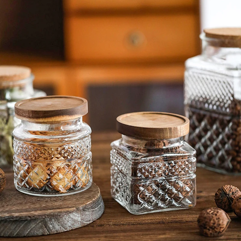 Vintage Square Embossed Glass Jar Acacia Wood Lid Sealed Jar