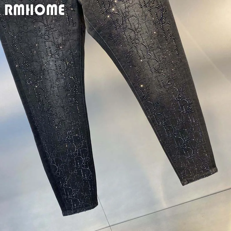 Rhinestone Jeans Men's  Black  Denim Small Feet Male Pants Fashion Brand Full Of Diamonds Design High-quality Trendy Trousers 36