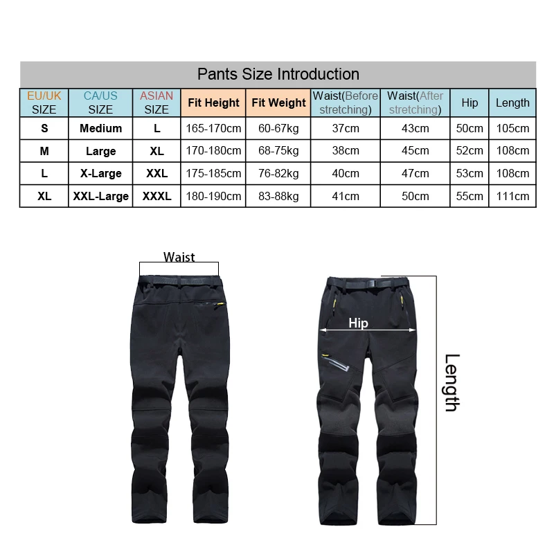TRVLWEGO Men's Winter Trekking Pants Camping Fleece Lined Ski Snow Pants Water Resistant 4 Zip Pockets Outdoor Hiking Trousers