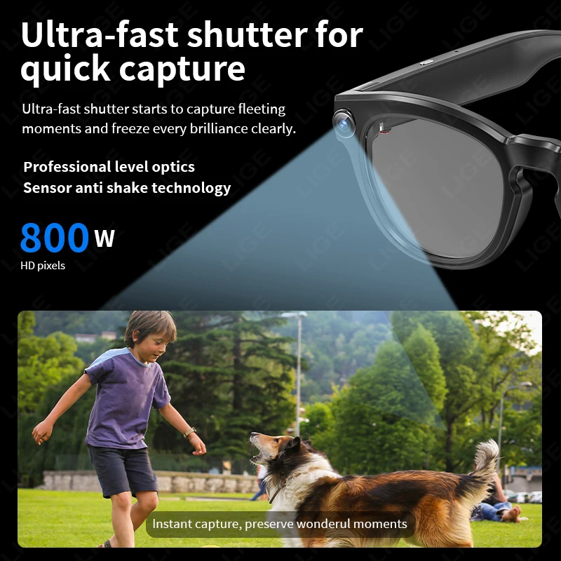 LIGE AI Smart Glasses 4K HD 800W Camera Shoot Video 290mAh Battery Voice Assistant Control Calling Outdoor Color-change Lenses