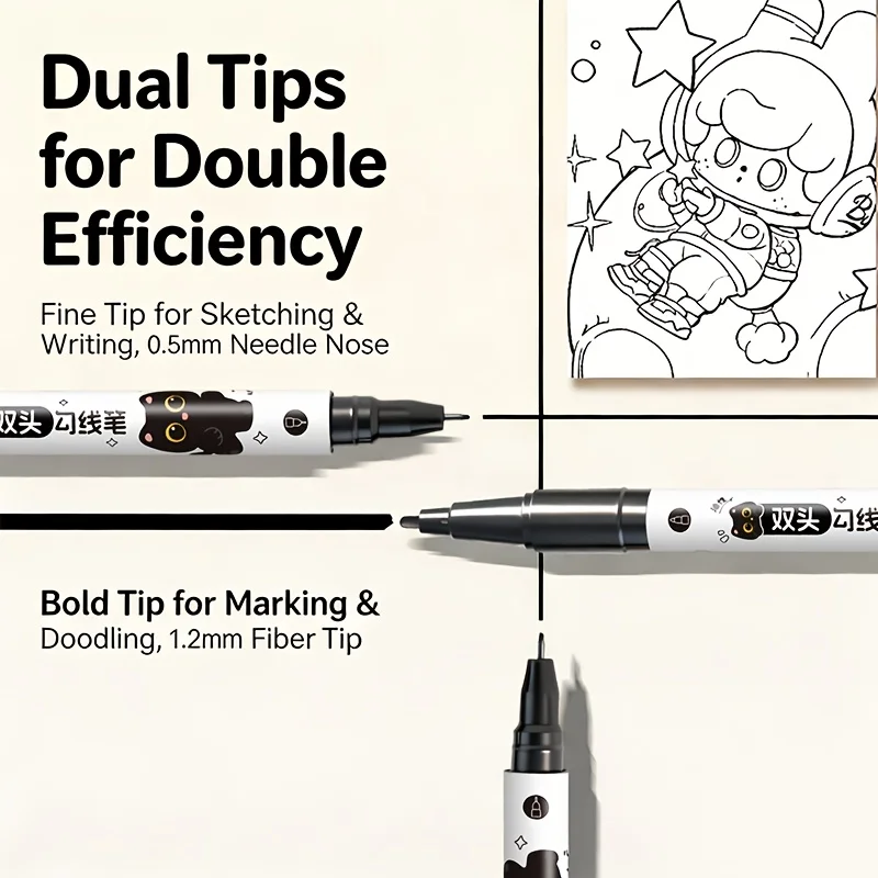Box of 5/10 Adorable Cat-Themed Double-Ended Outline Pens