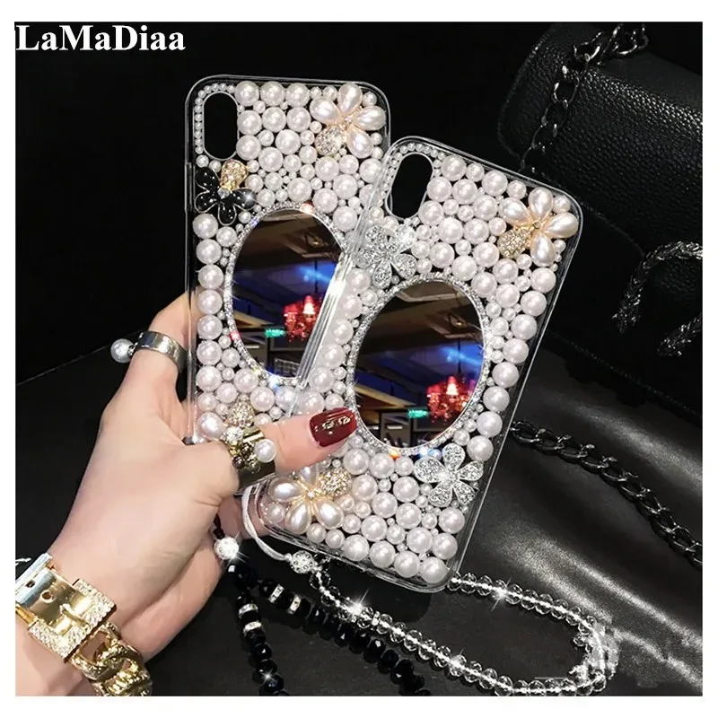 

Luxury Bling Crystal Diamond Pearl Flower Makeup Mirror Phone Case for IPhone 14Pro 15Promax 15Pro 11 12 13 14 15 Pro MAX Coque
