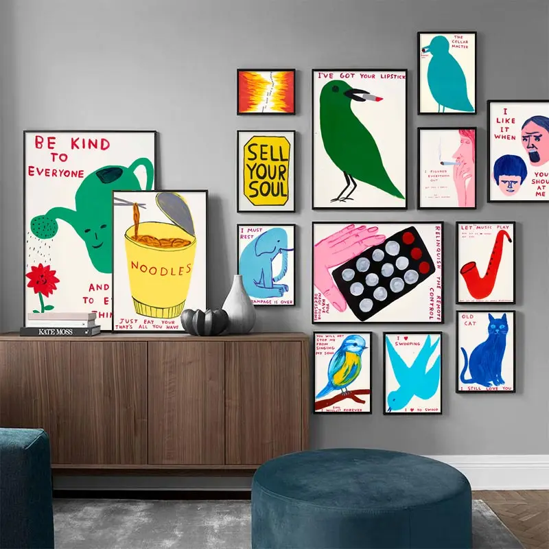 David Shrigley Noodles Bird Cat Elephant Flame Wall Art Nordic Poster Prints Canvas Painting Wall Pictures Living Room Decor