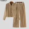 INCERUN Men Sets Corduroy Solid Color Lapel Long Sleeve Jackets & Pants Two Pieces Sets Streetwear Fashion Men's Casual Suits