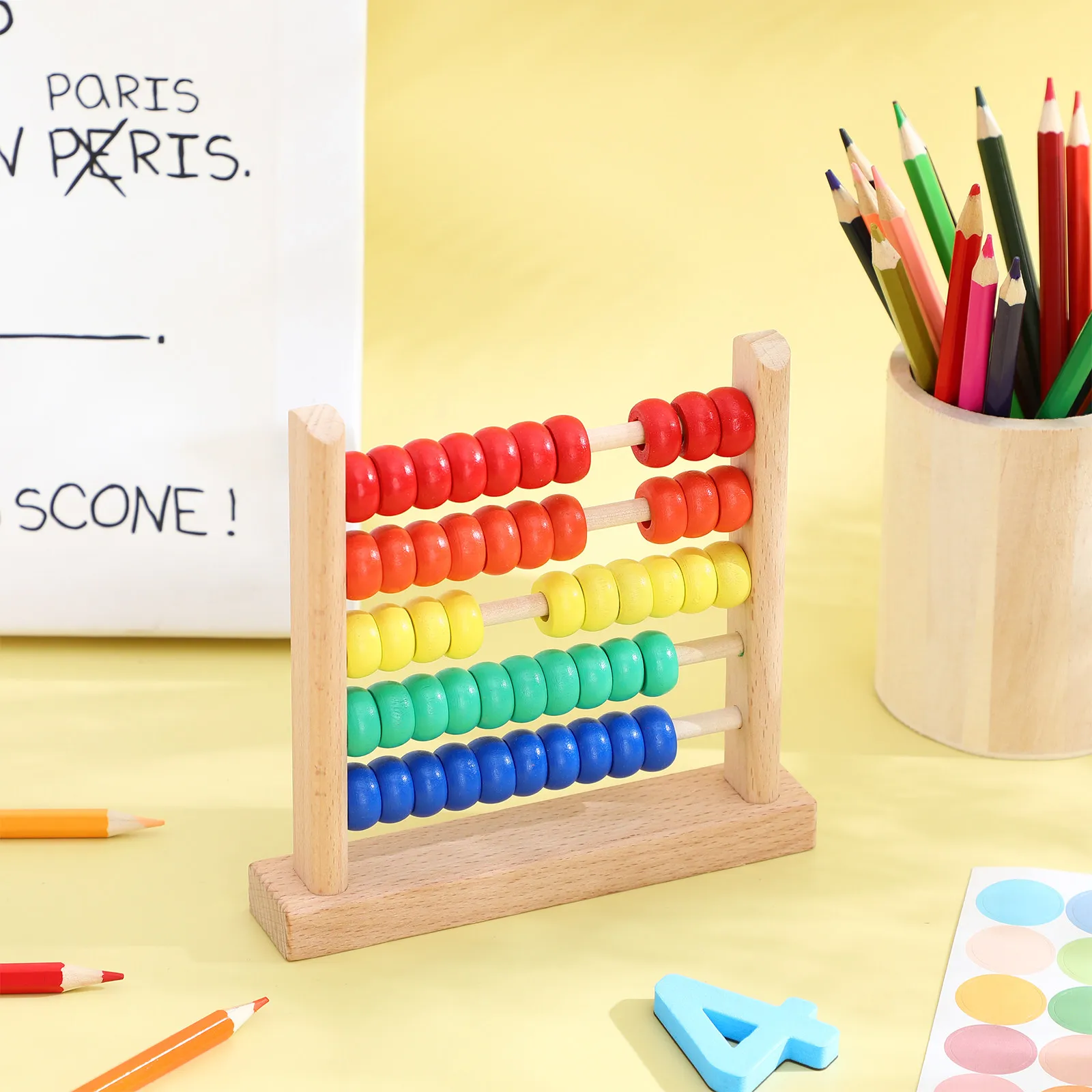 1개 어린이용 나무 주판 수학 학습용 주판 교육용 계산 도구 숫자 세기 교육 보조기구 산술 구슬 프레임 손과 눈 협응력 향상
