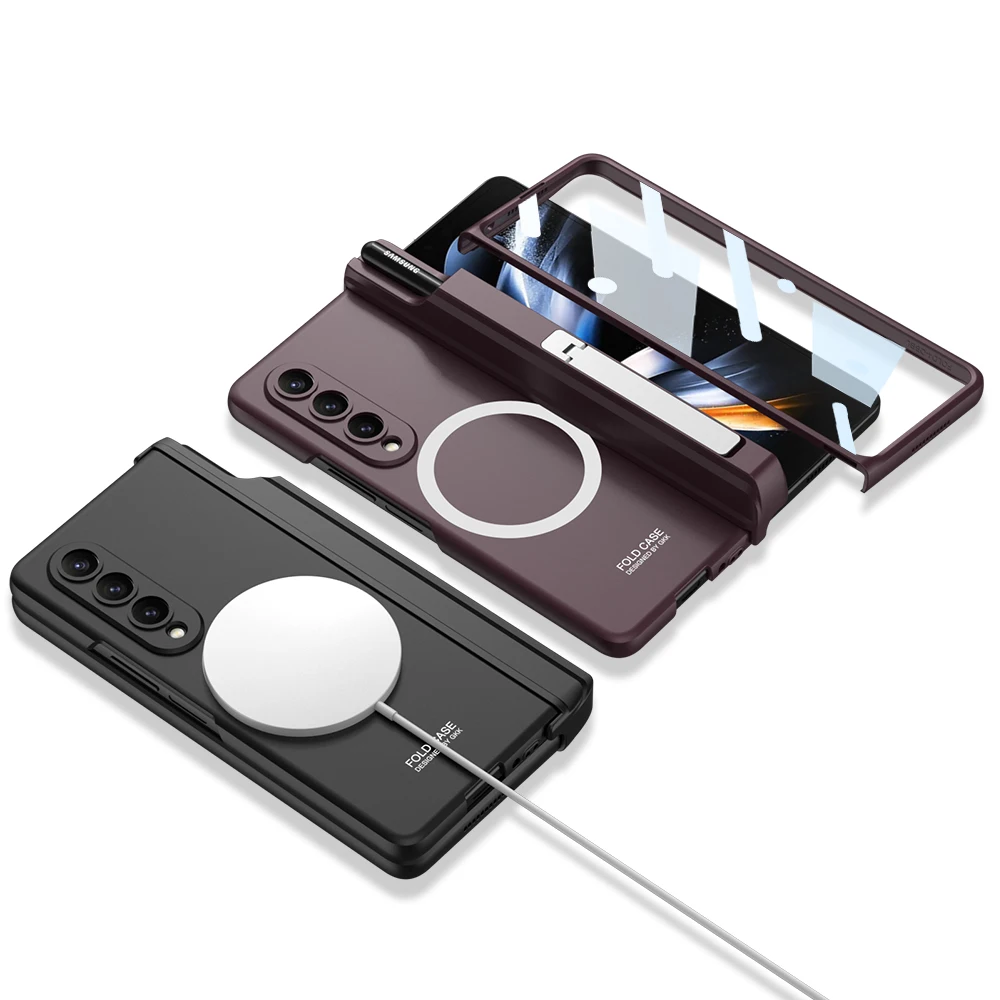 For Samsung Galaxy Z Fold 4 5G Magsafe Wireless Charging Magnetic Hinge Pen Holder Bracket Case with Glass Film Matte Hard Cover