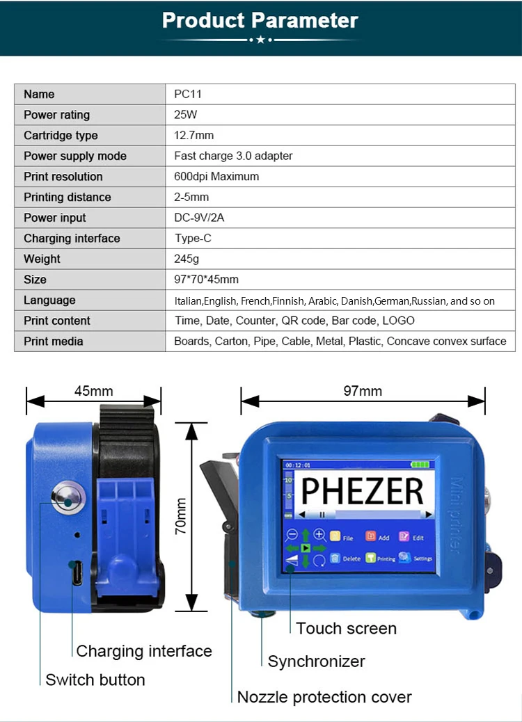 PC11Plus 12.7/25.4mm Mini Printer Portable Printer QR Bar Batch Code Date Number