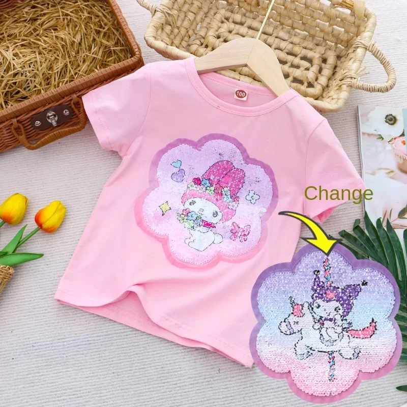 Sanrio Girl Short Sleeve T-Shirt Hello Kitty Kuromi Cinnamoroll Girls' Cotton Material T-shirt Multi Colored Cartoon Pattern Top 4