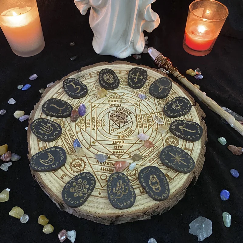 Tarot Cards Witch Witchcraft Wood Runes Stone Set Witches Rune Set Board Game Table Game Divination Runestones Tarot Decks 14Pcs velvet metatron tarot cards storage pouch bags board game jewelry runes stone dice drawstring bag witchcraft supplies for altar