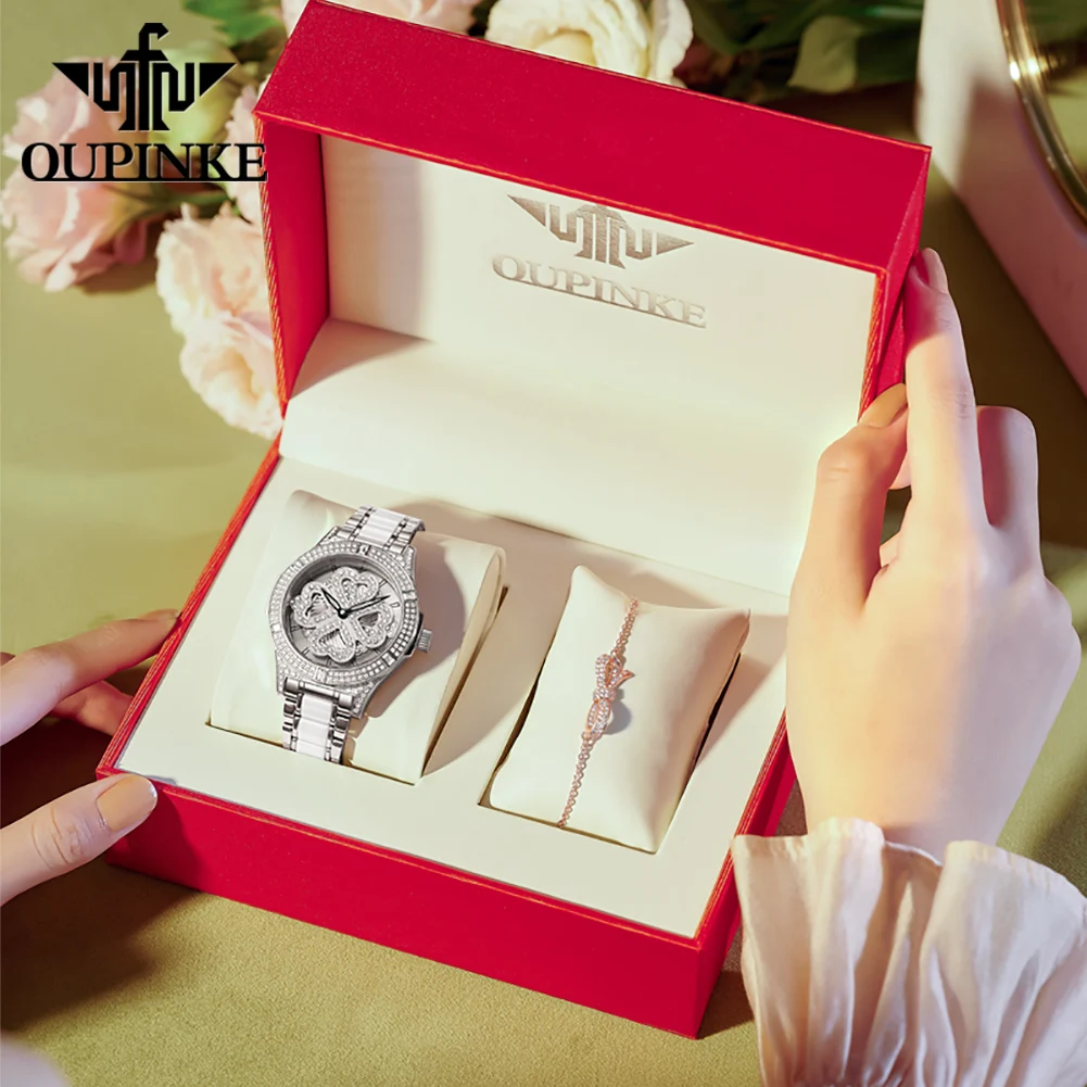 OUPINKE 3279 Watch For Women Rotate Dial 50M Waterproof Woman Watch Ceramic Steel Strap Swiss Quartz Movement Fashion Wristwatch