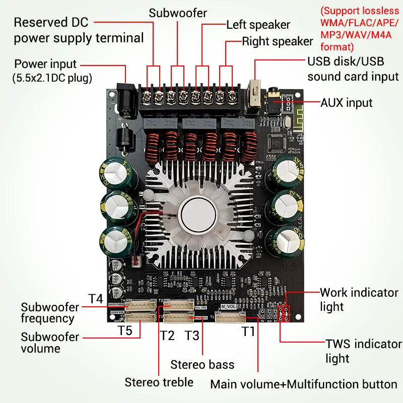 

ZK-HT22 TDA7498E Lead Type Audio Amplifier Power 160W*2+220W 2.1 Channel BT 5.1 AMP Treble Bass Subwoofer Wuzhi Audio APP