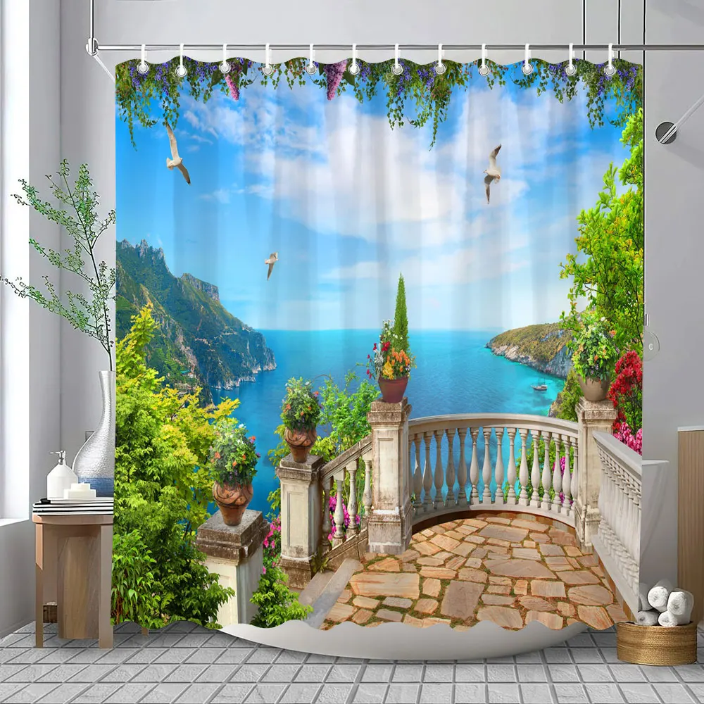 Ocean Coastal Landscape Shower Curtain – Santorini Greece Print, Waterproof Polyester, 70x70 Inches With Hooks