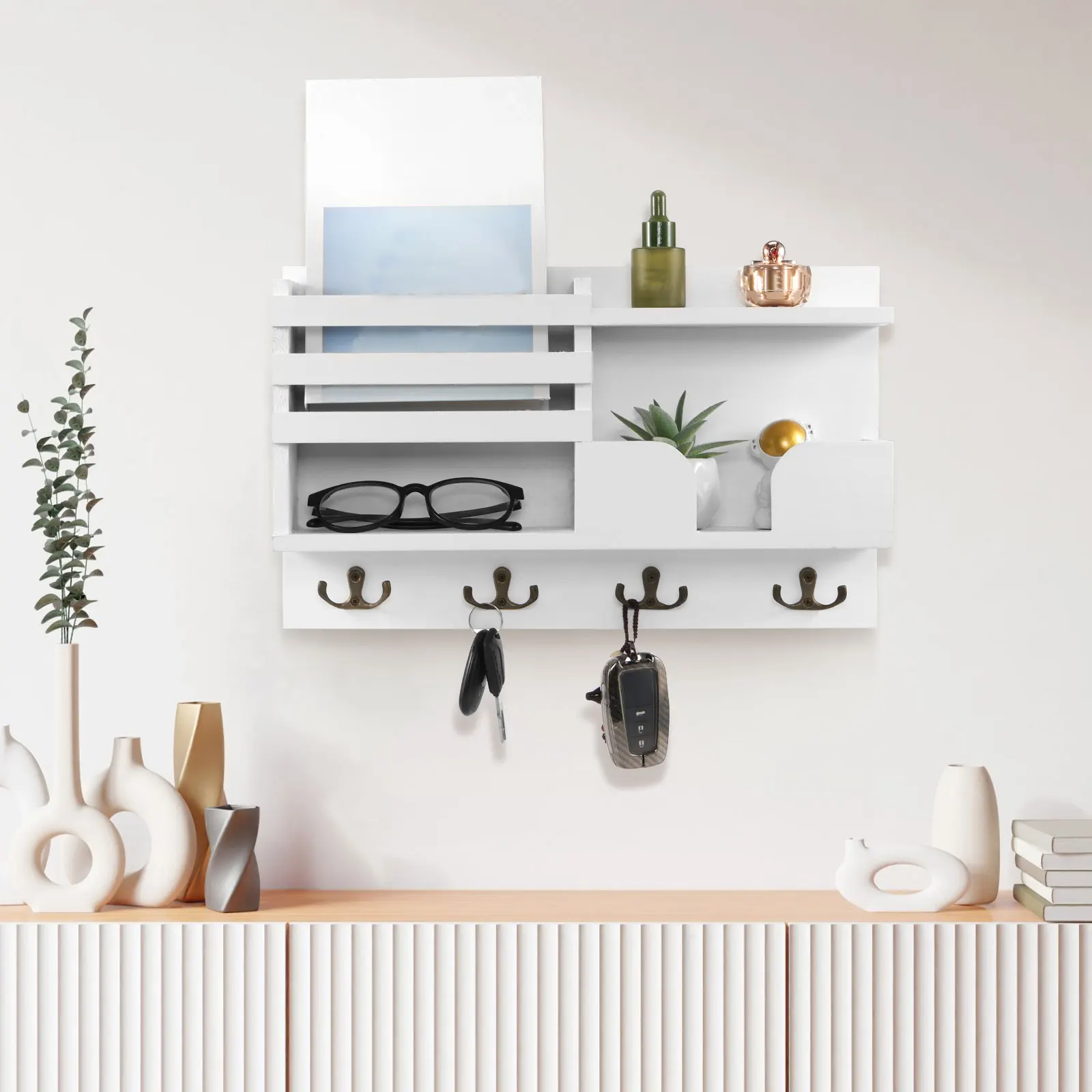 Wooden Key Holder Wall Mounted Wood Key Organizer Multifunctional Mail Rack for Home Entryway Decoration Key and Mail Holder 2