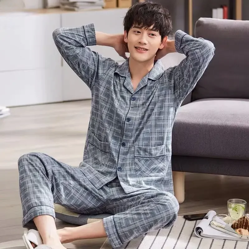 thumbnail image 1 of Conjunto de pijama 100% de algodón para hombre, cárdigan de manga larga adecuado para primavera y otoño, se puede usar al aire libre, estilo fino de verano, 1 of 4