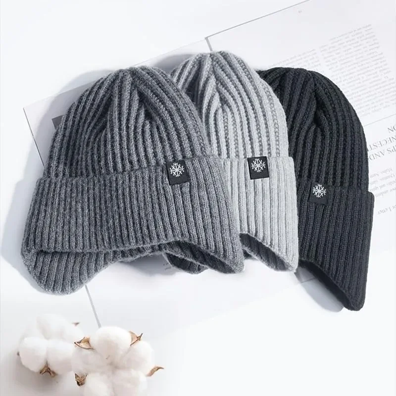 Men Knitted Hat Plush Warmth Peaked Cap