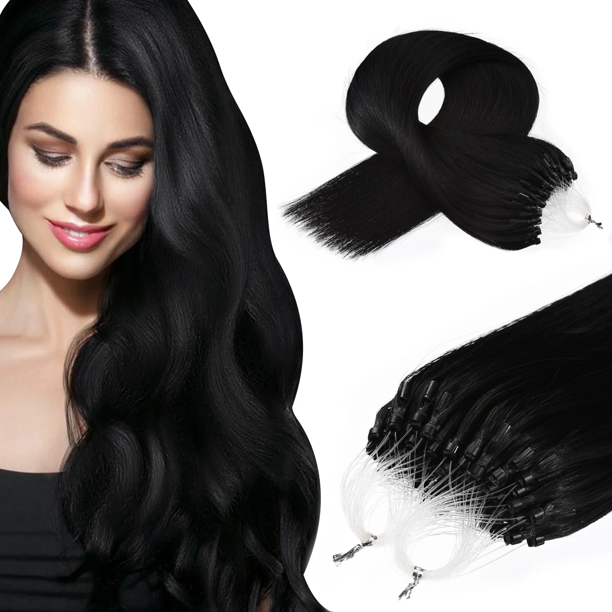 Micro Loop Hair Extension Real Hair Jet Black Human Extensions #1 Micro Loop Extensions 1g/s 50g Beads